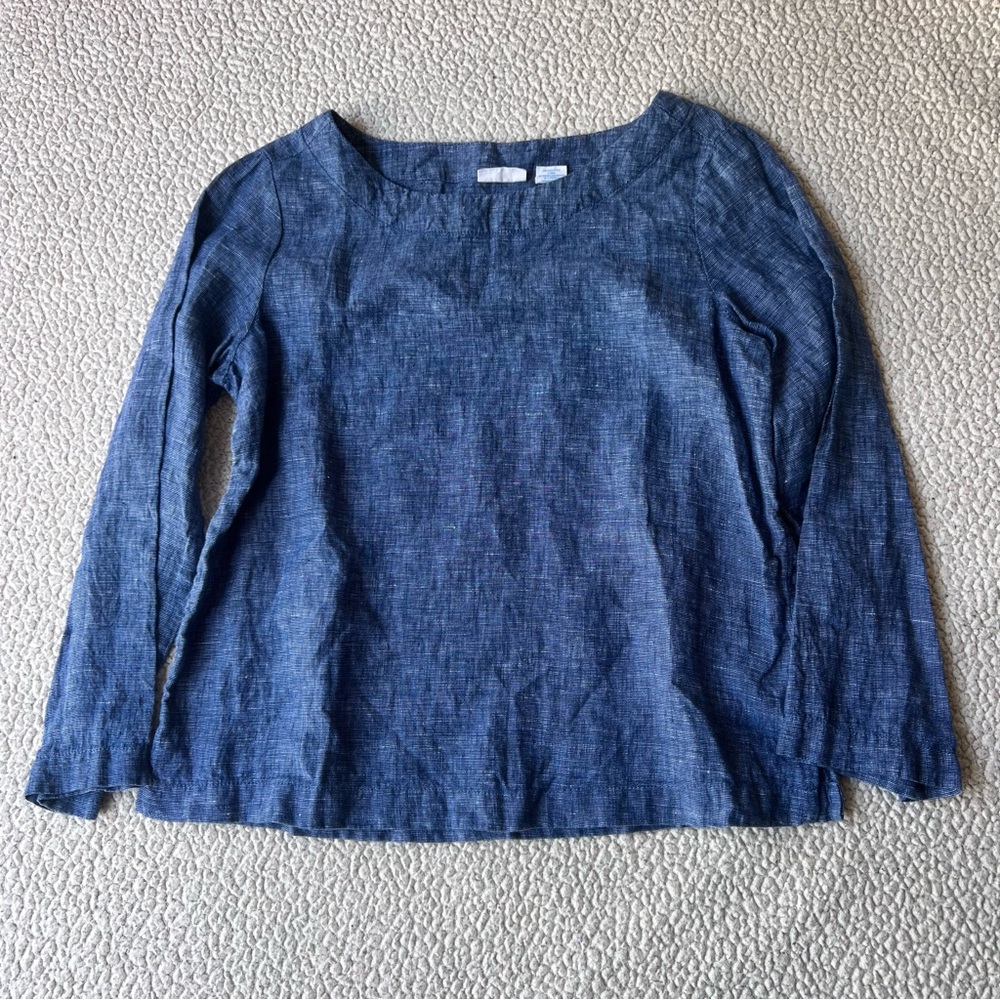 Sigrid Olsen 100% Linen Blue Boxy 3/4 Sleeves Lagenlook Women’s Top Size Small